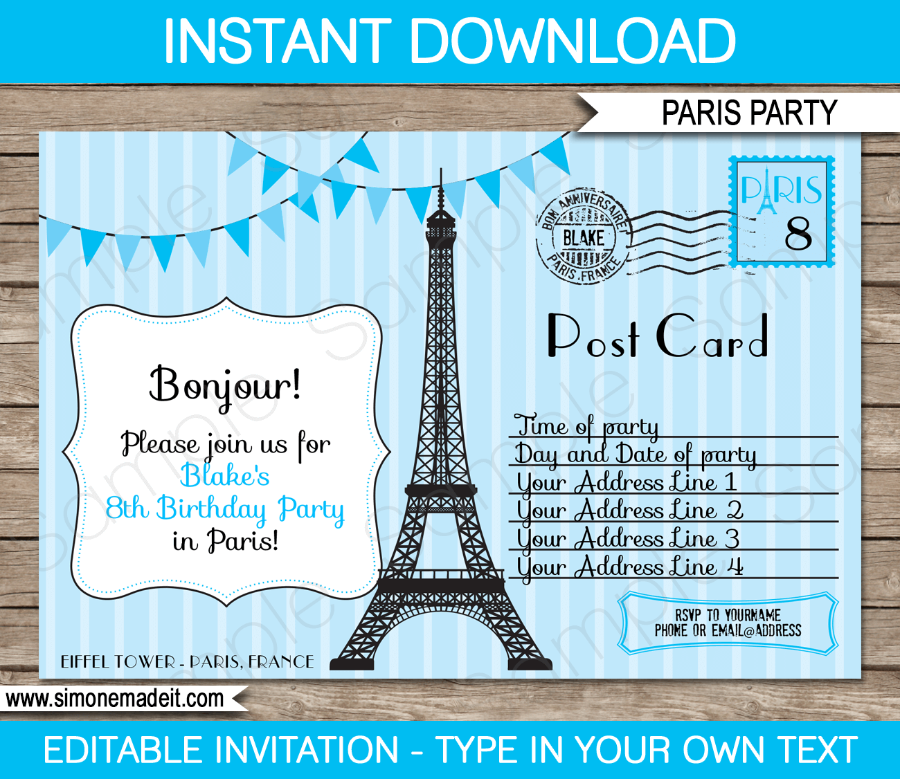 Paris Party Invitations Template - blue