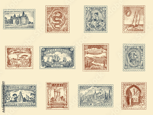 Vintage Postage stamps set. Ancient landscapes, dragon and sailing ...