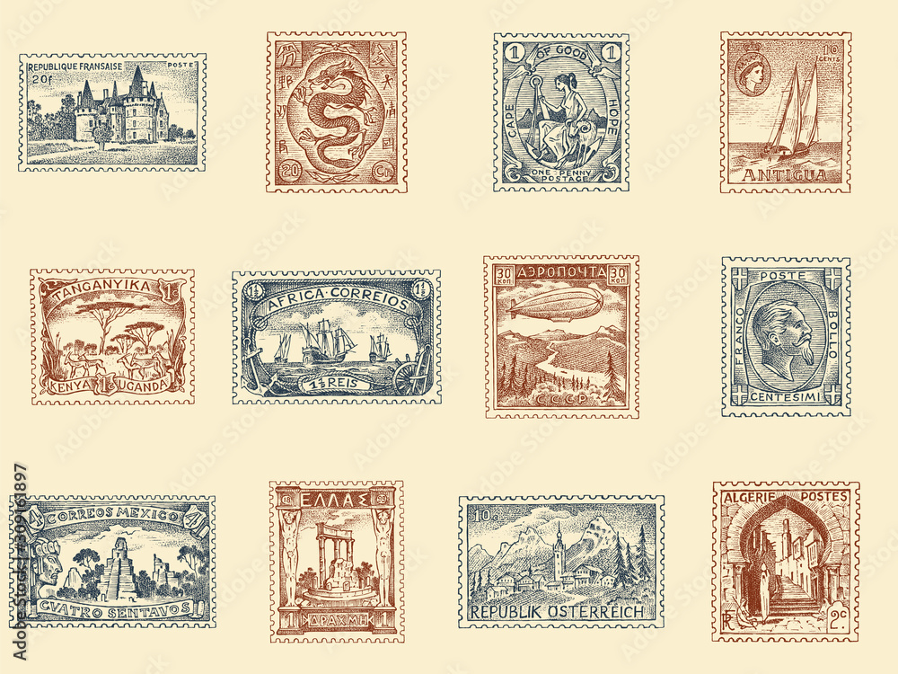 Vintage Postage stamps set. Ancient landscapes, dragon and sailing ...