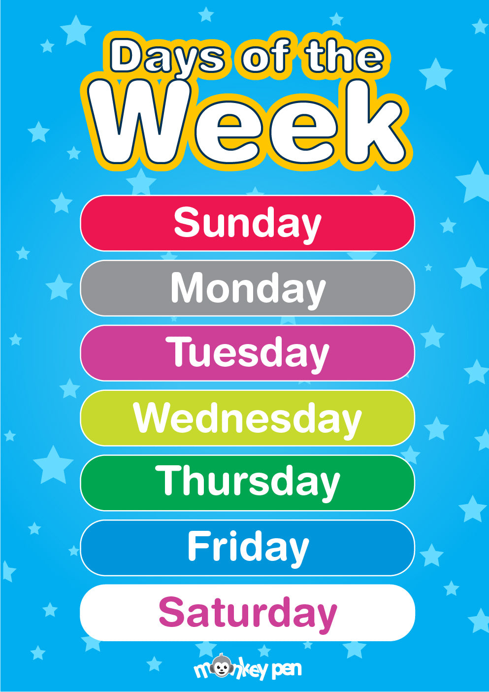 Free Printable Days of the Week Educational Poster - Monkey Pen Store