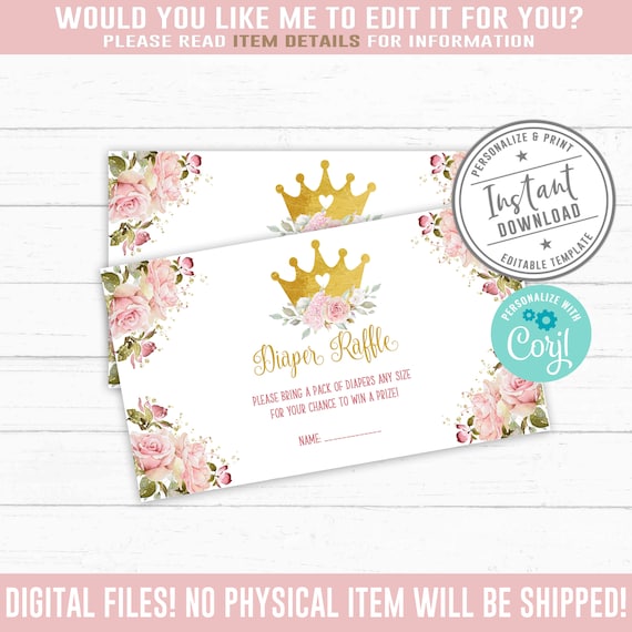 EDITABLE Princess Diaper Raffle Tickets, Blush Pink, Diaper Raffle ...
