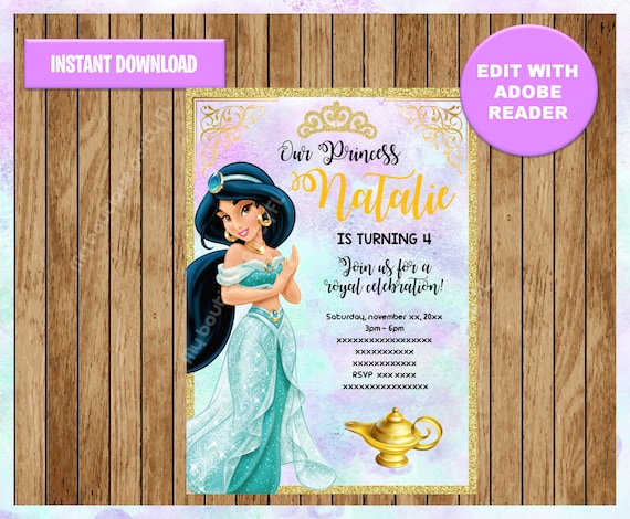 Princess Jasmine Party Invitation, Aladdin printable Invitation  Customizable Template Editable PDF File, You Fill and Print