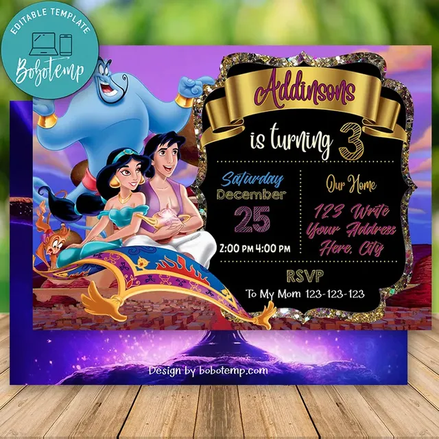 Editable Aladdin princess jasmine invitation Instant Download ...