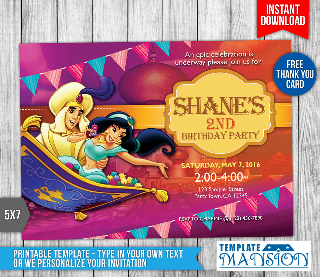 DIY Princess Jasmine Invitation Card Printable by templatemansion ...