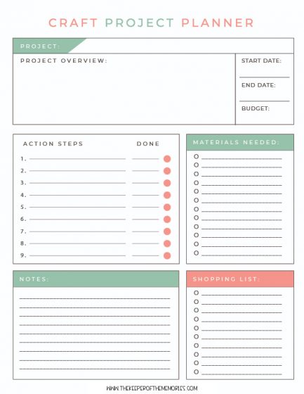 Free Printable Craft Project Planner - The Keeper of the Memories