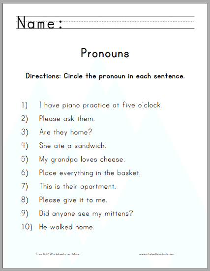 Free Printable Pronouns Worksheet | Pronoun worksheets, Free ...