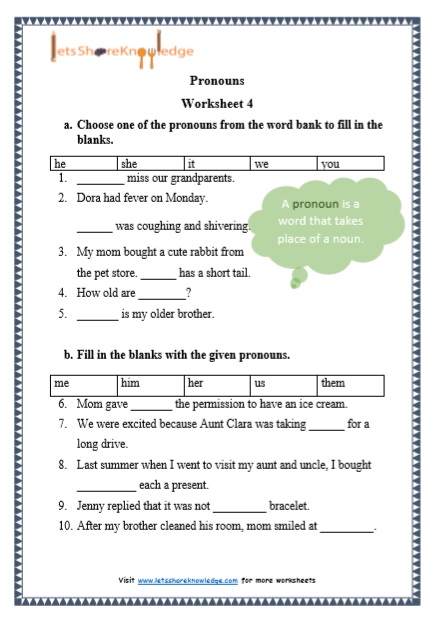 Grade 1 Grammar: Pronouns printable worksheets - Lets Share Knowledge