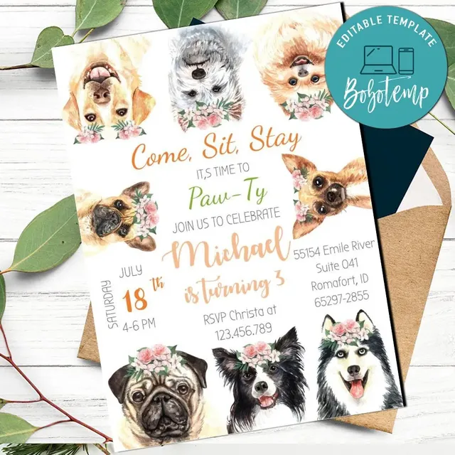 Puppy Birthday Invitations, Printable Dog Invitations