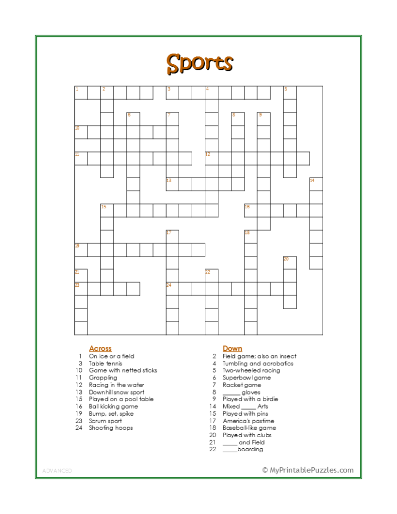 Sports Crossword Puzzle - Advanced | My Printable Puzzles
