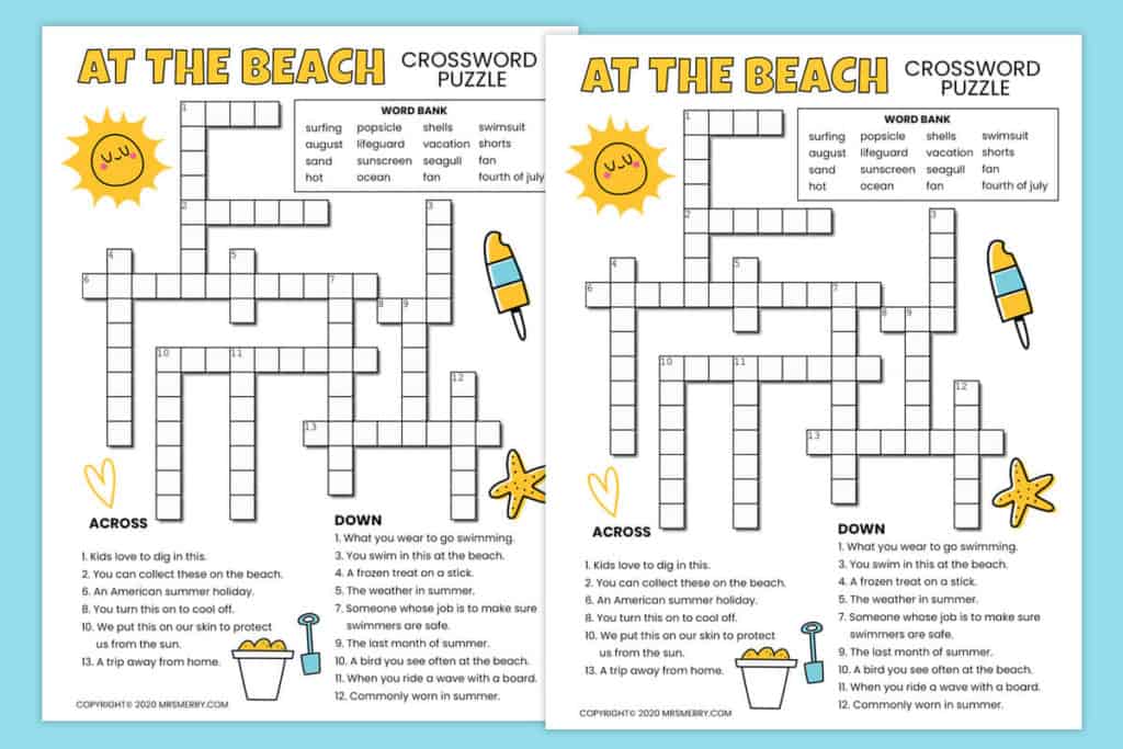Beach Printable Crossword Puzzle For Kids | Mrs. Merry