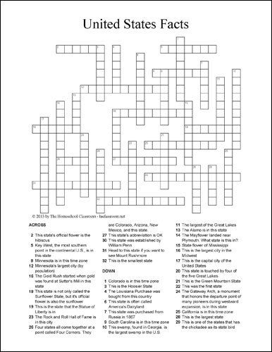 U.S. State Facts Crossword Puzzle - Free Social Studies and ...