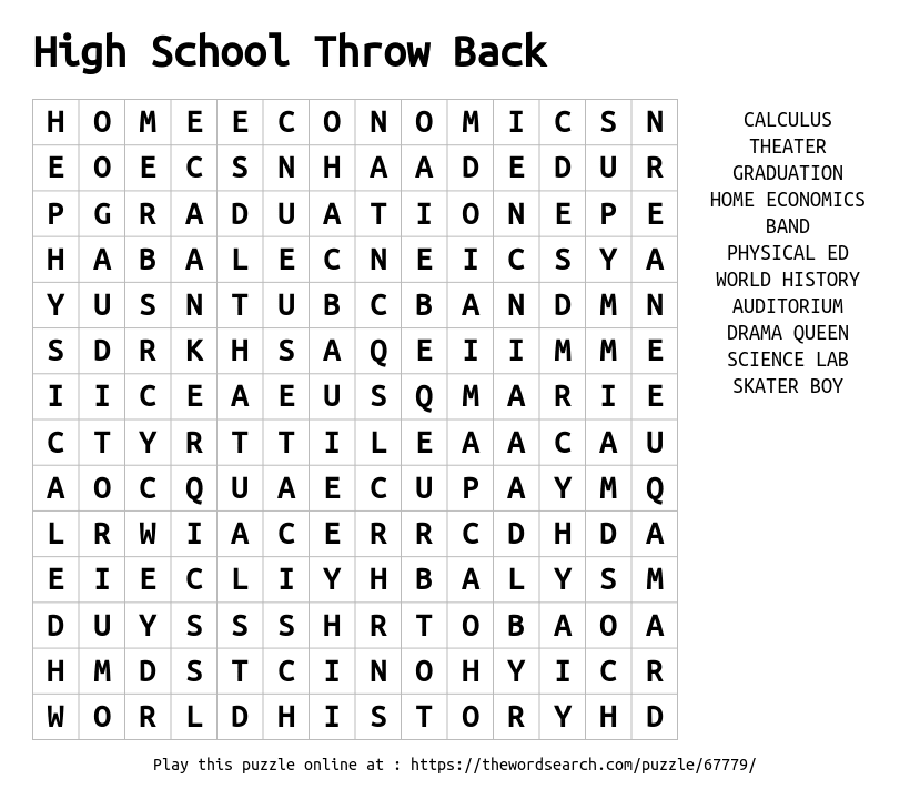 Download Word Search on High School Throw Back