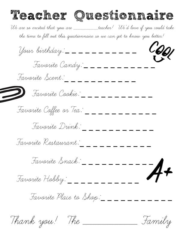 Teacher Gift Questionnaire Printable - Domestically Speaking