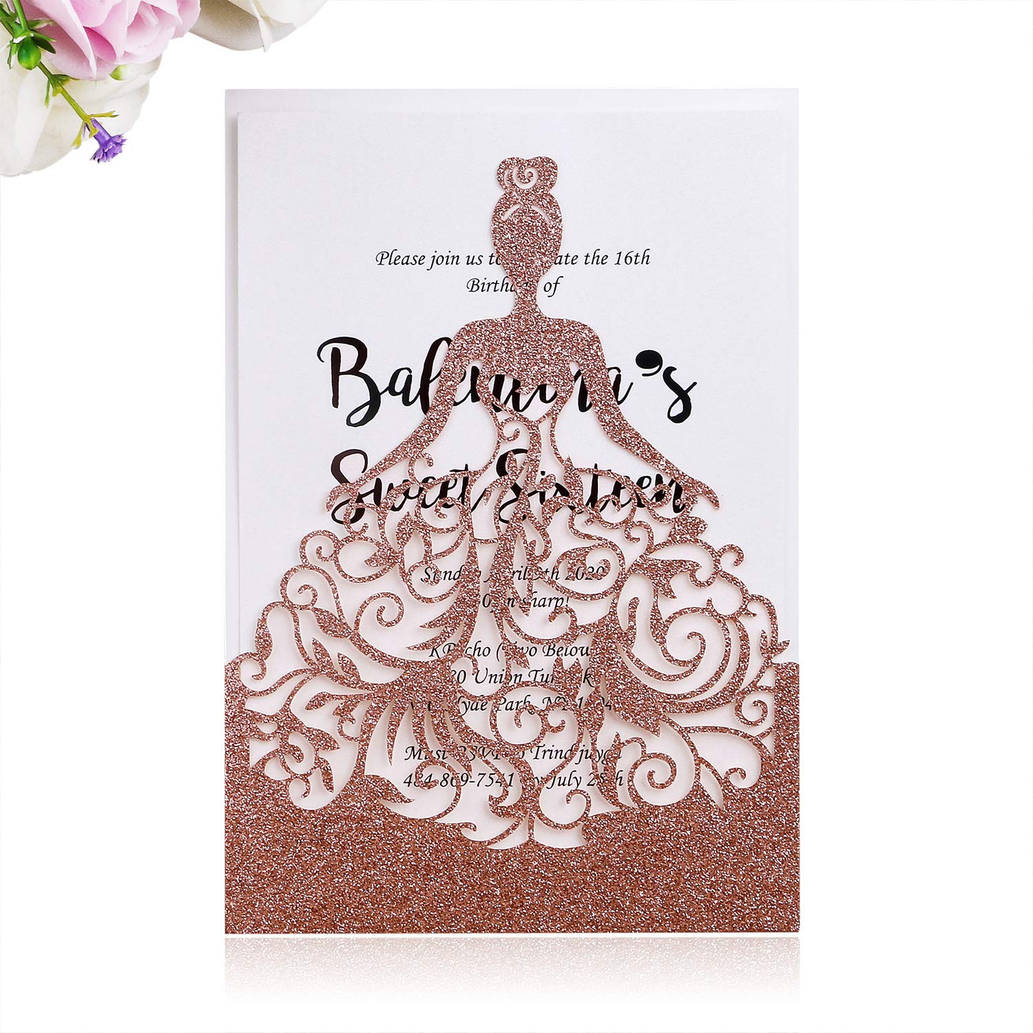 PONATIA 25 Pieces Rose Gold Glitter Quinceanera Invitations, Laser ...