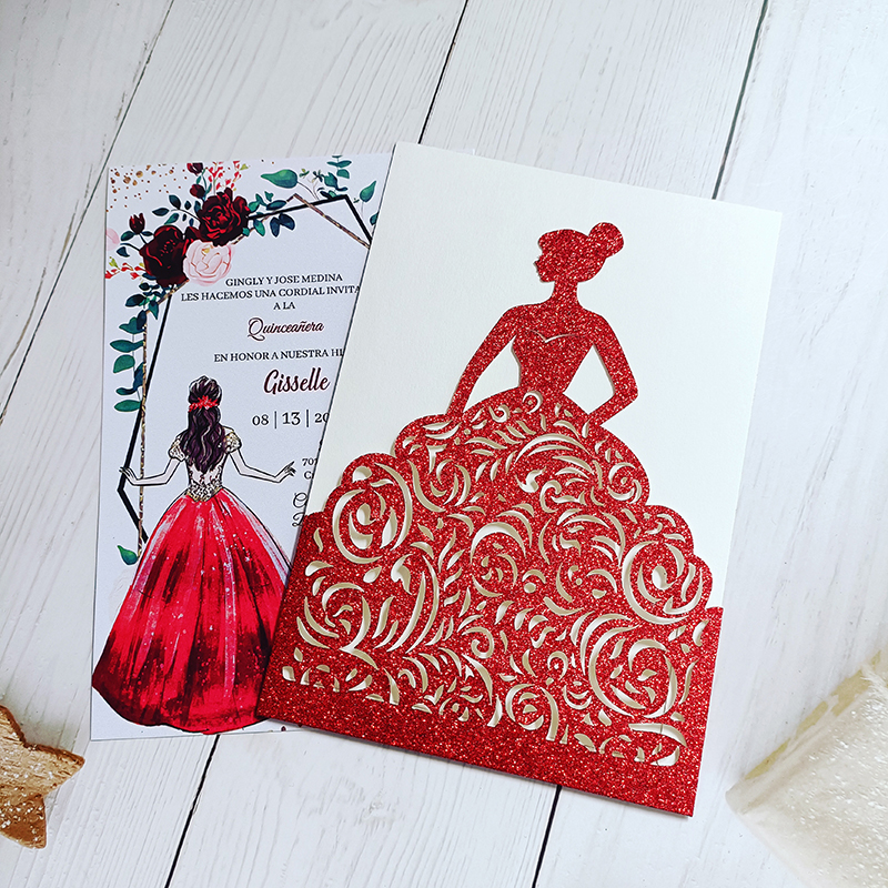 50X Red Glitter White Printable Laser Cut Pocket Princess Quinceanera