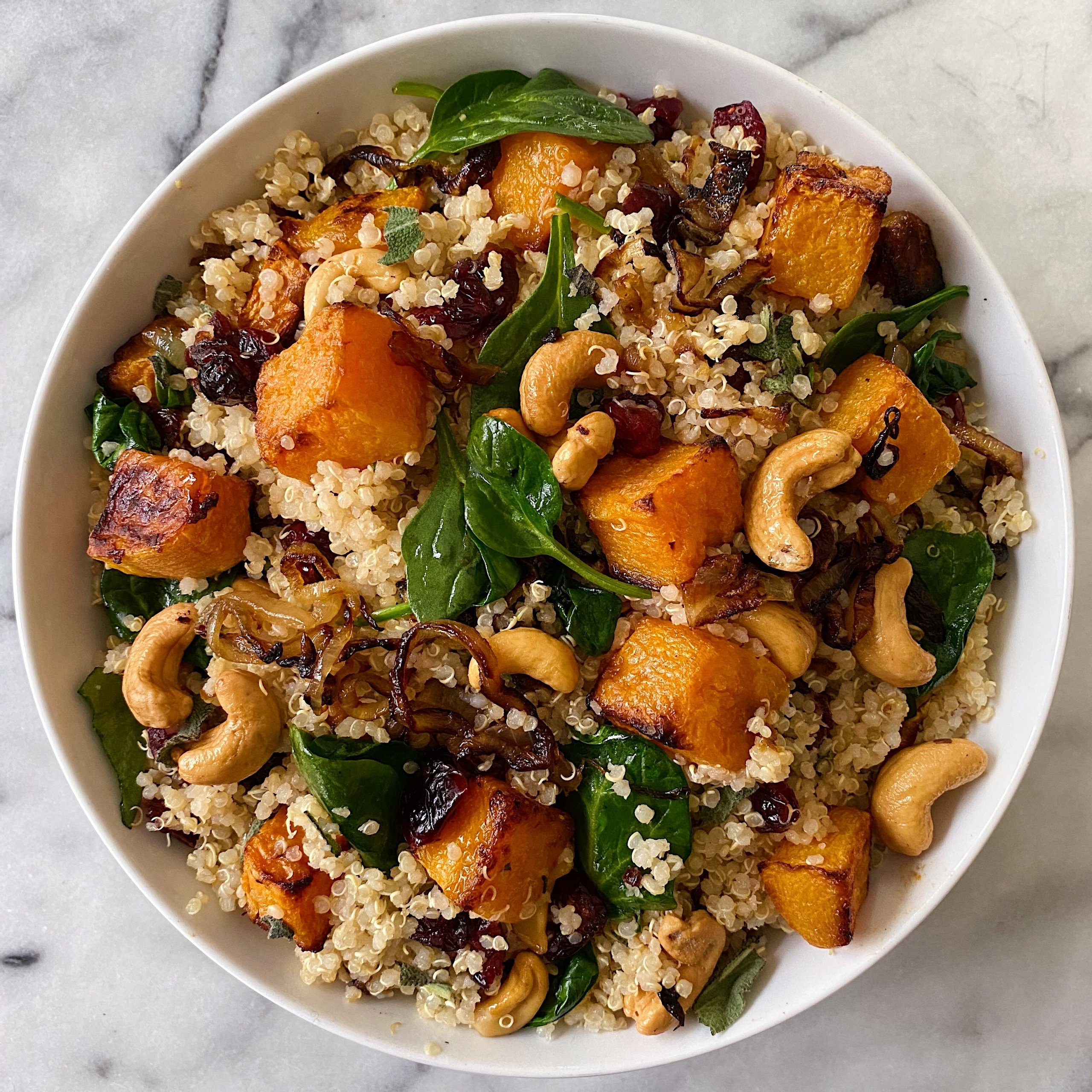 Winter Quinoa Salad with Roasted Squash, Caramelized Onions and Wilted  Spinach