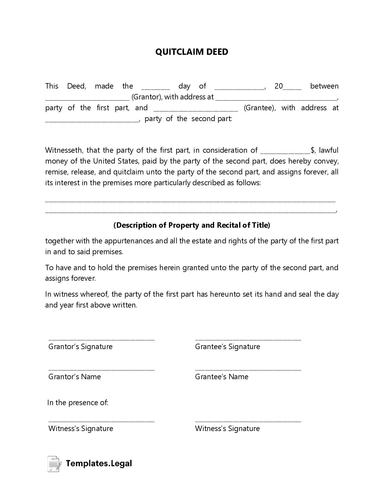 Quitclaim Deed Templates (Free) [Word, PDF, ODT]