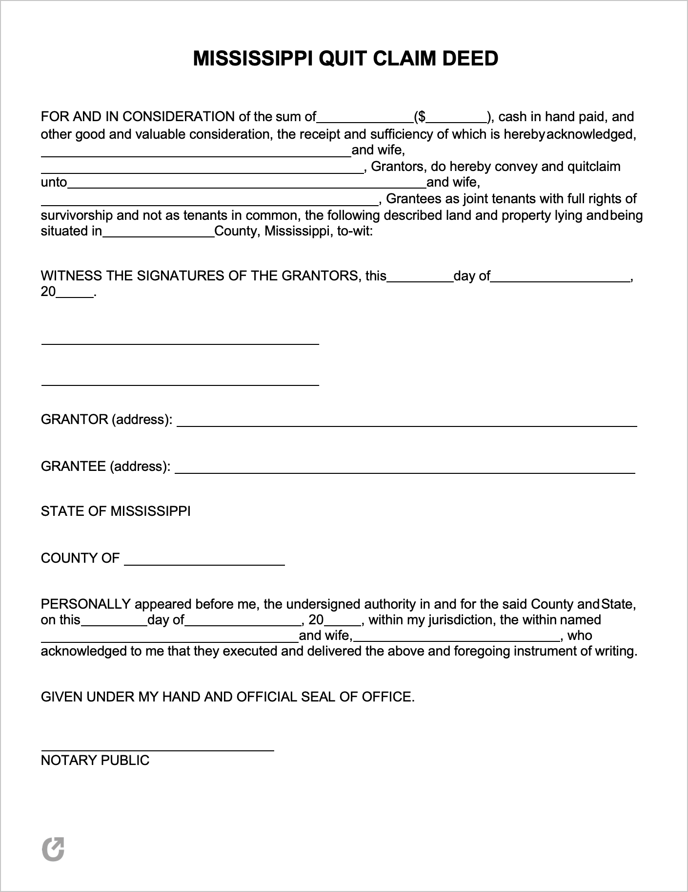 Free Mississippi Quit Claim Deed Form | PDF | WORD