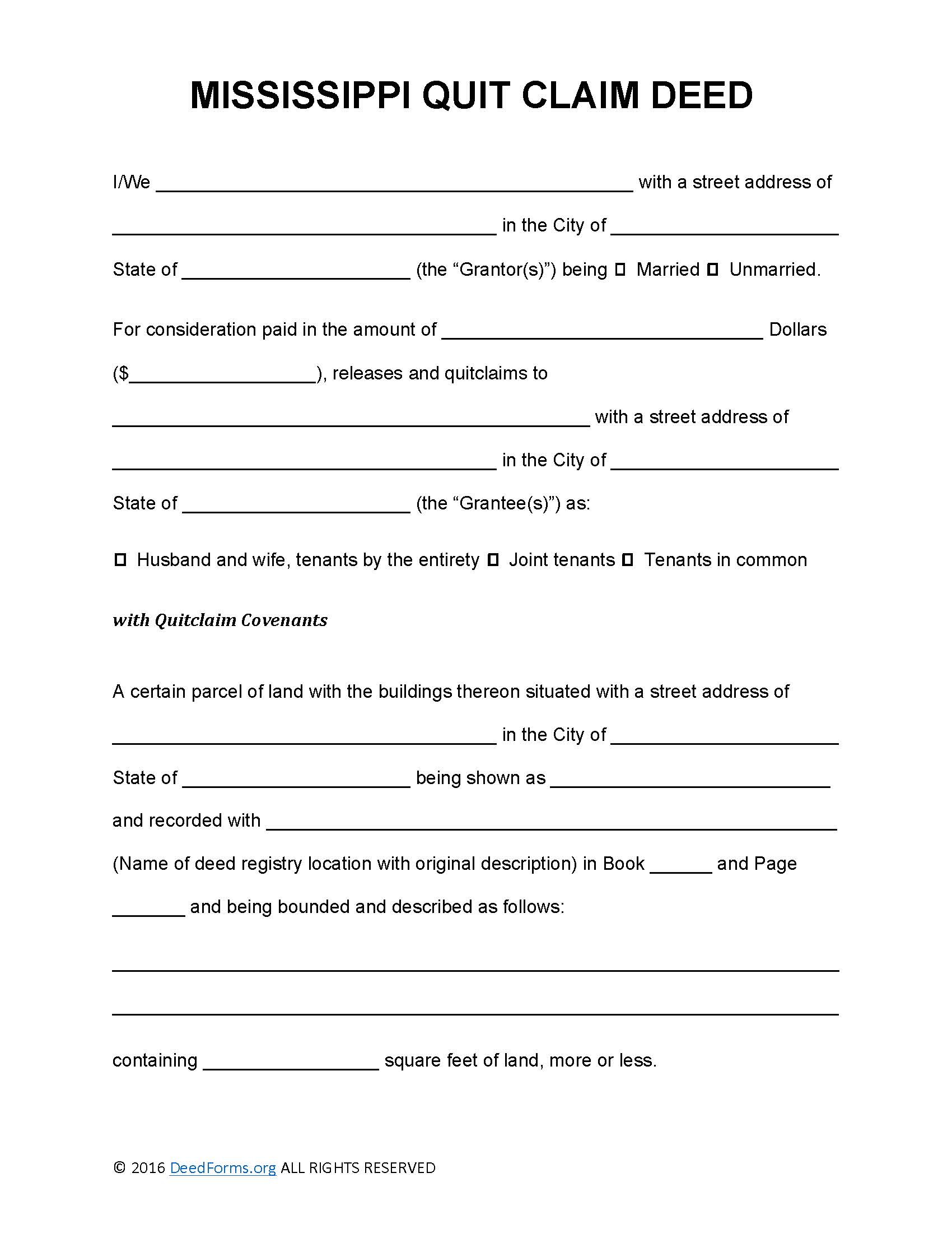 Mississippi Quit Claim Deed Form - Deed Forms : Deed Forms