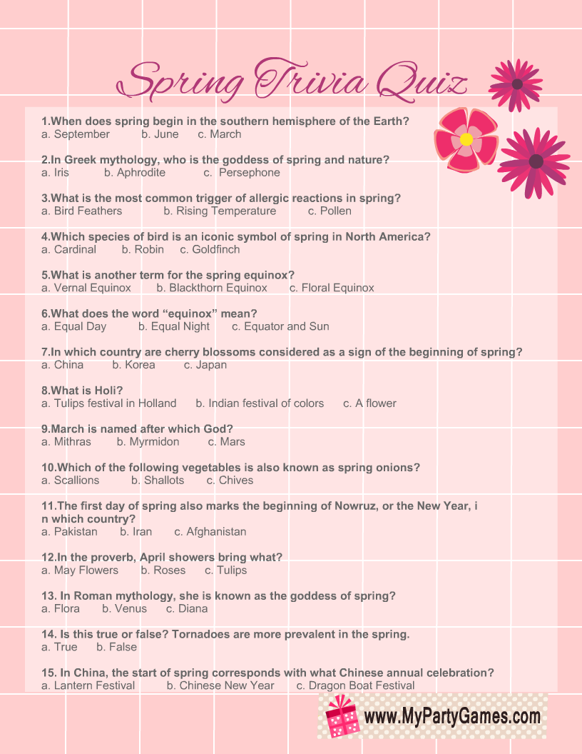 Free Printable Spring Trivia Quiz with Answer Key