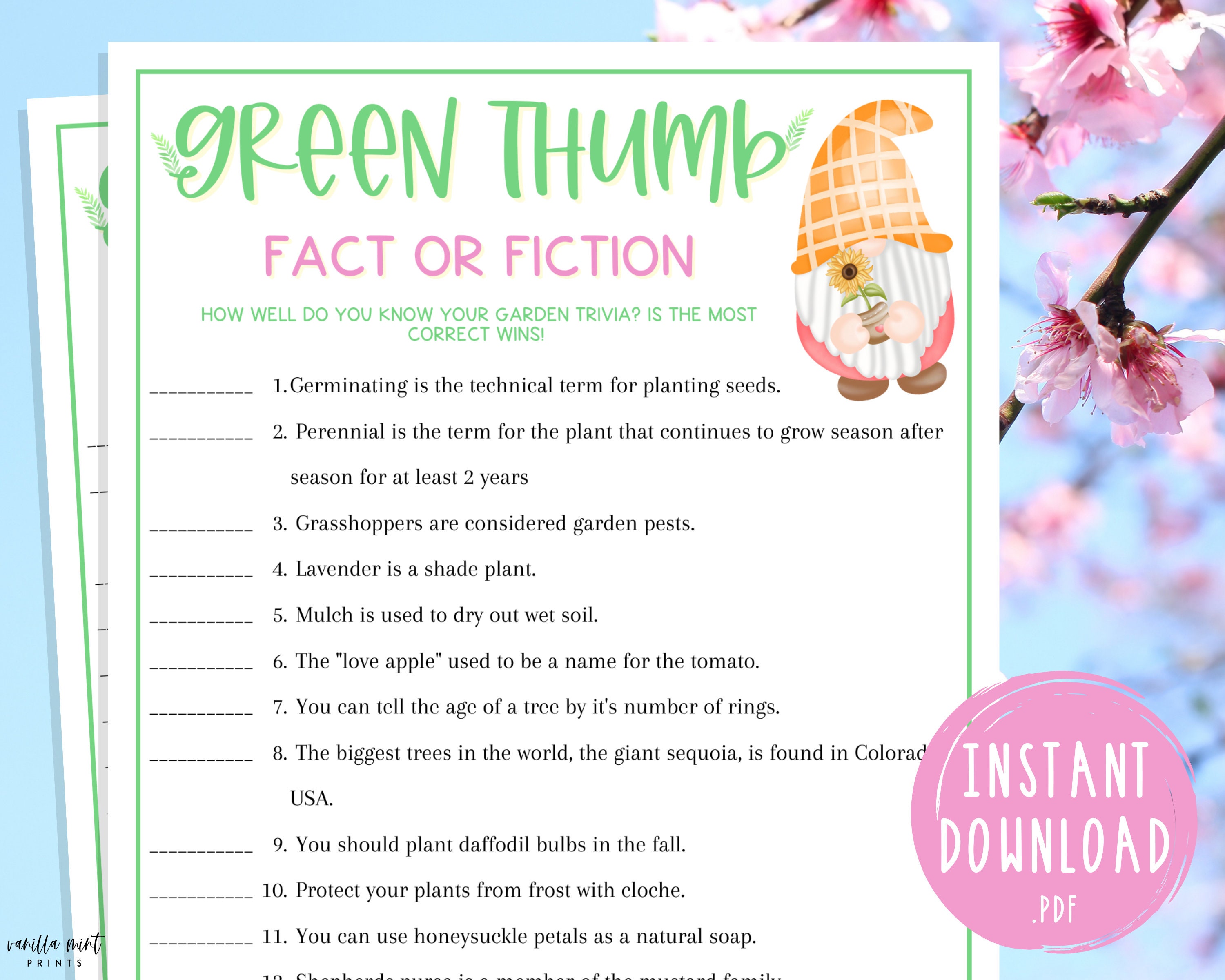 Spring Green Thumb Trivia Game Gardening Trivia Fact or Fiction ...