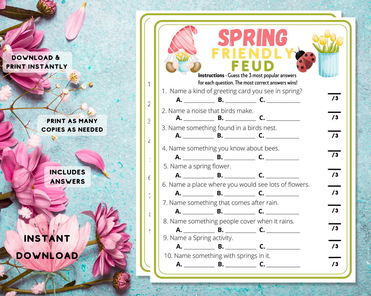 Spring Feud Trivia Printable Game | Adults Kids Fun Party Activity ...