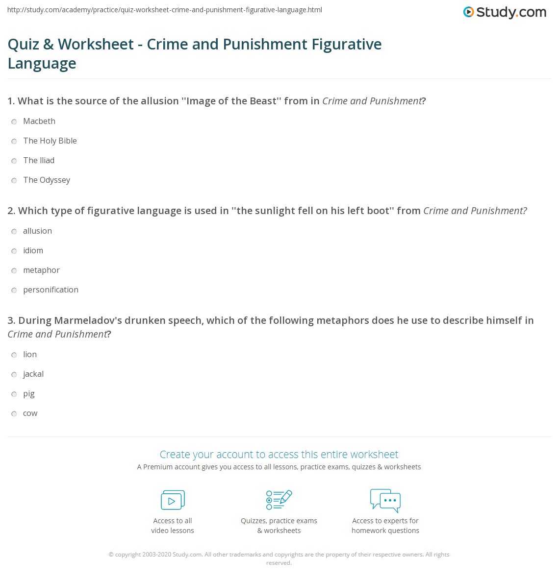 Quiz &  Worksheet - Crime and Punishment Figurative Language ...