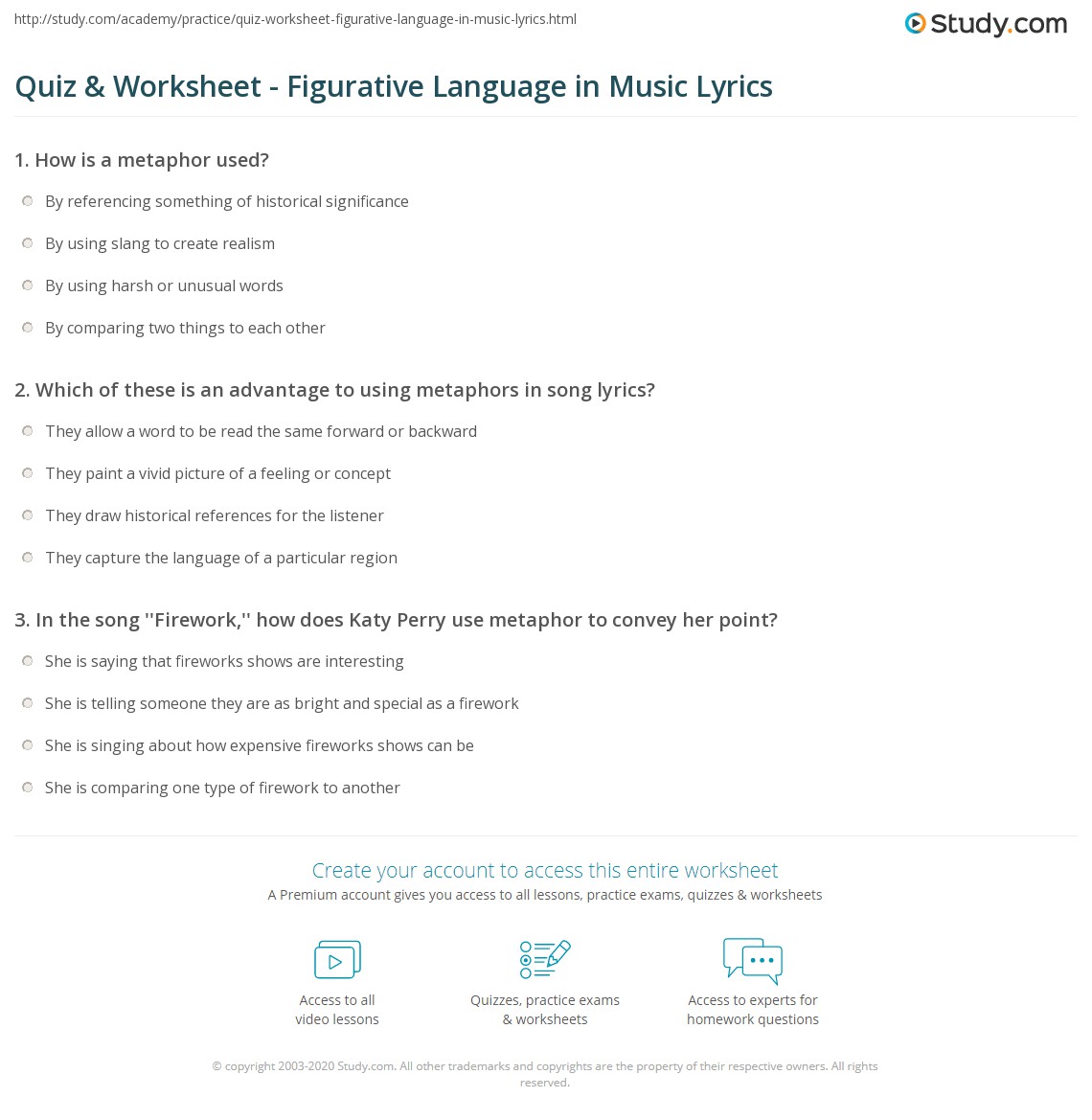 Quiz &  Worksheet - Figurative Language in Music Lyrics | Study.com