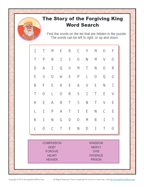 The Story of the Forgiving King Word Search | Kids Bible Activities