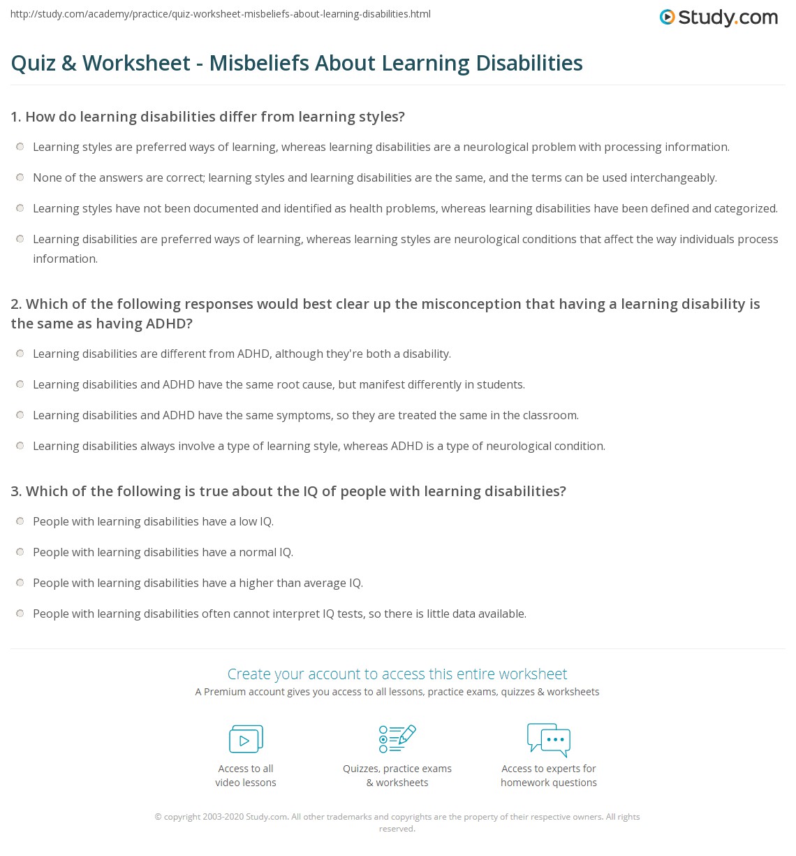 Quiz &  Worksheet - Misbeliefs About Learning Disabilities | Study.com