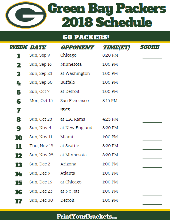 Free: Printable 2018 Green Bay Packers Football Schedule ...