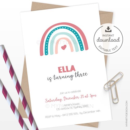 Boho Rainbow Invitation, Printable invite - My Party Design