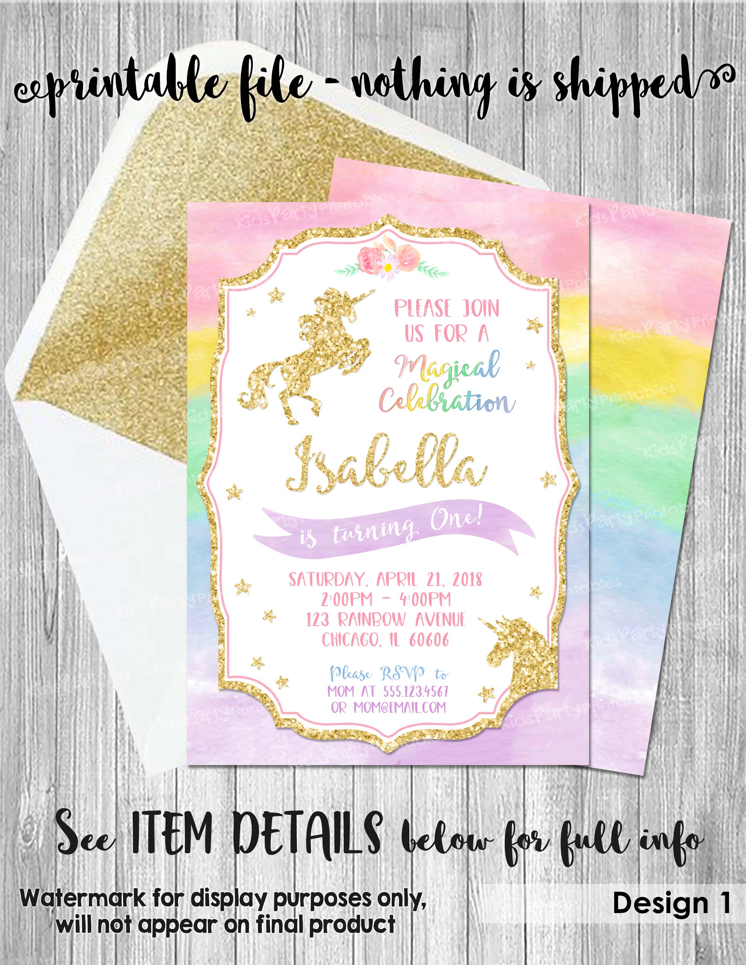 Unicorn Invitation Printable, Unicorn Invitation Digital JPG or PDF,  Unicorn Birthday Party Invitation, Unicorn Invite Rainbow Pastel Theme