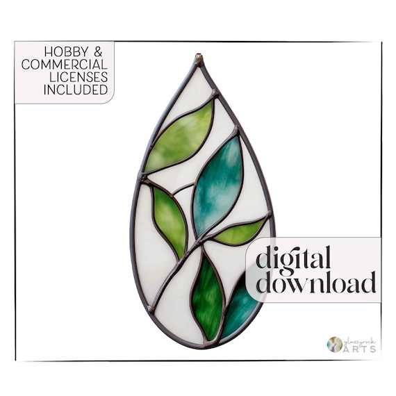 Modern Stained Glass Leaves Pattern, Printable Rain Drop Stained ...