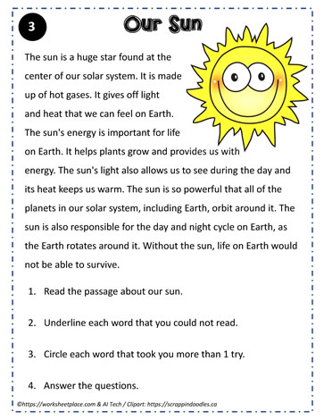 Reading Comprehension About the Sun Worksheets