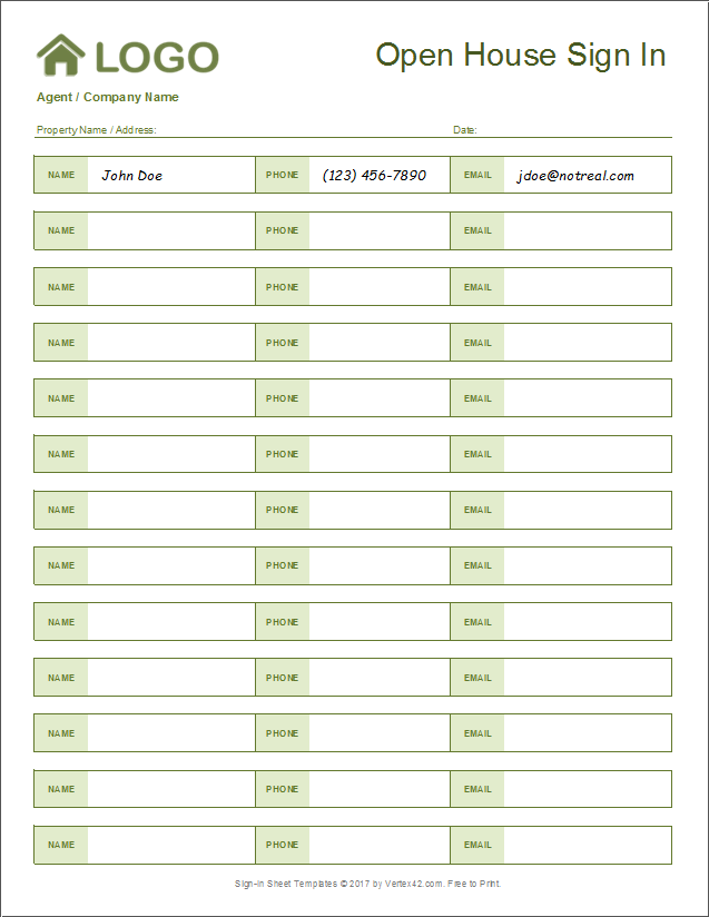 Open House Sign In Sheet Templates - Printable