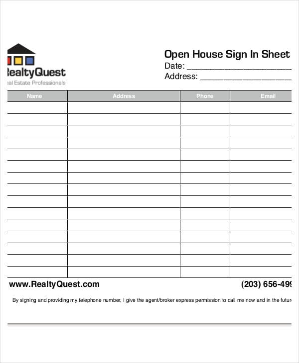 printable real estate open house sign in sheet