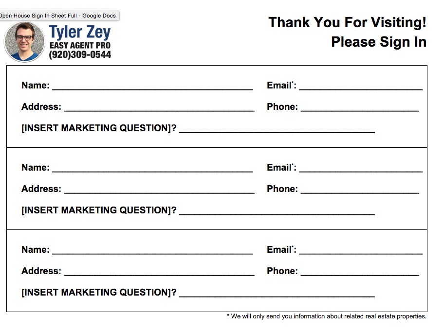 printable real estate open house sign in sheet