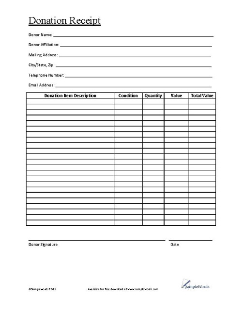 Printable Donation Receipt - Download PDF Document