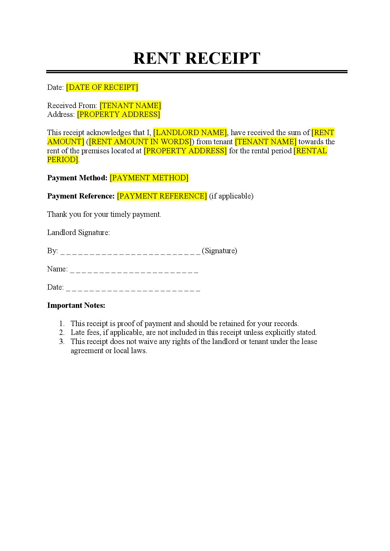 Rent Receipt Template - Free Download - Easy Legal Docs