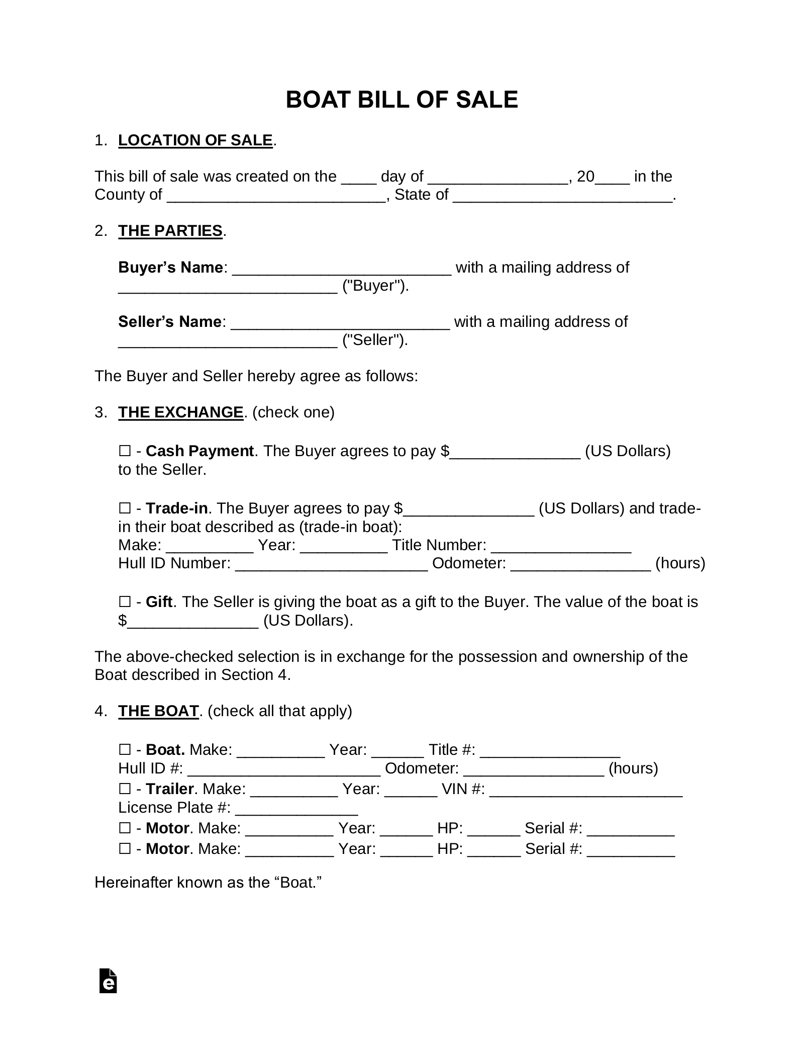 printable receipt for sale of boat