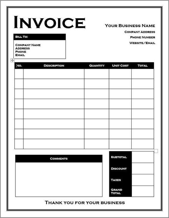 Invoice Template - Printable - Editable - Customizable - Microsoft Word  Template - Black and White