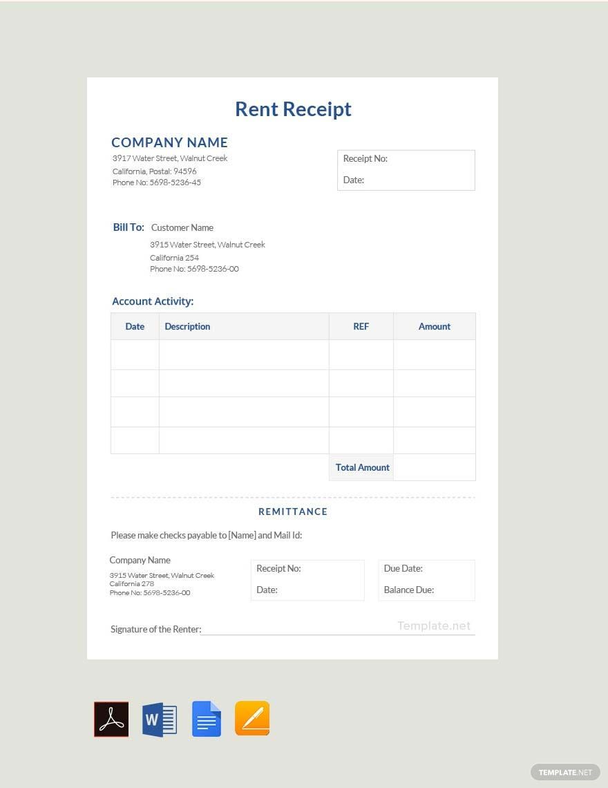 Rent Receipt Format Template in Google Sheets, Google Docs, Word ...