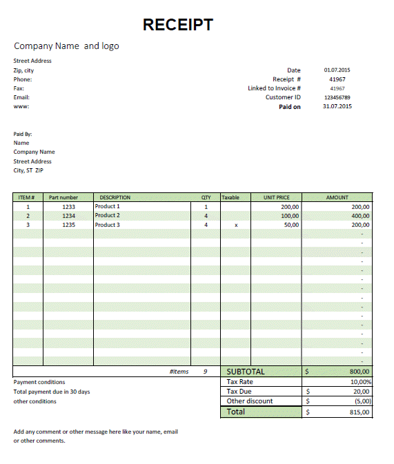 Excel Template - Free Receipt Template for Microsoft Excel by ...
