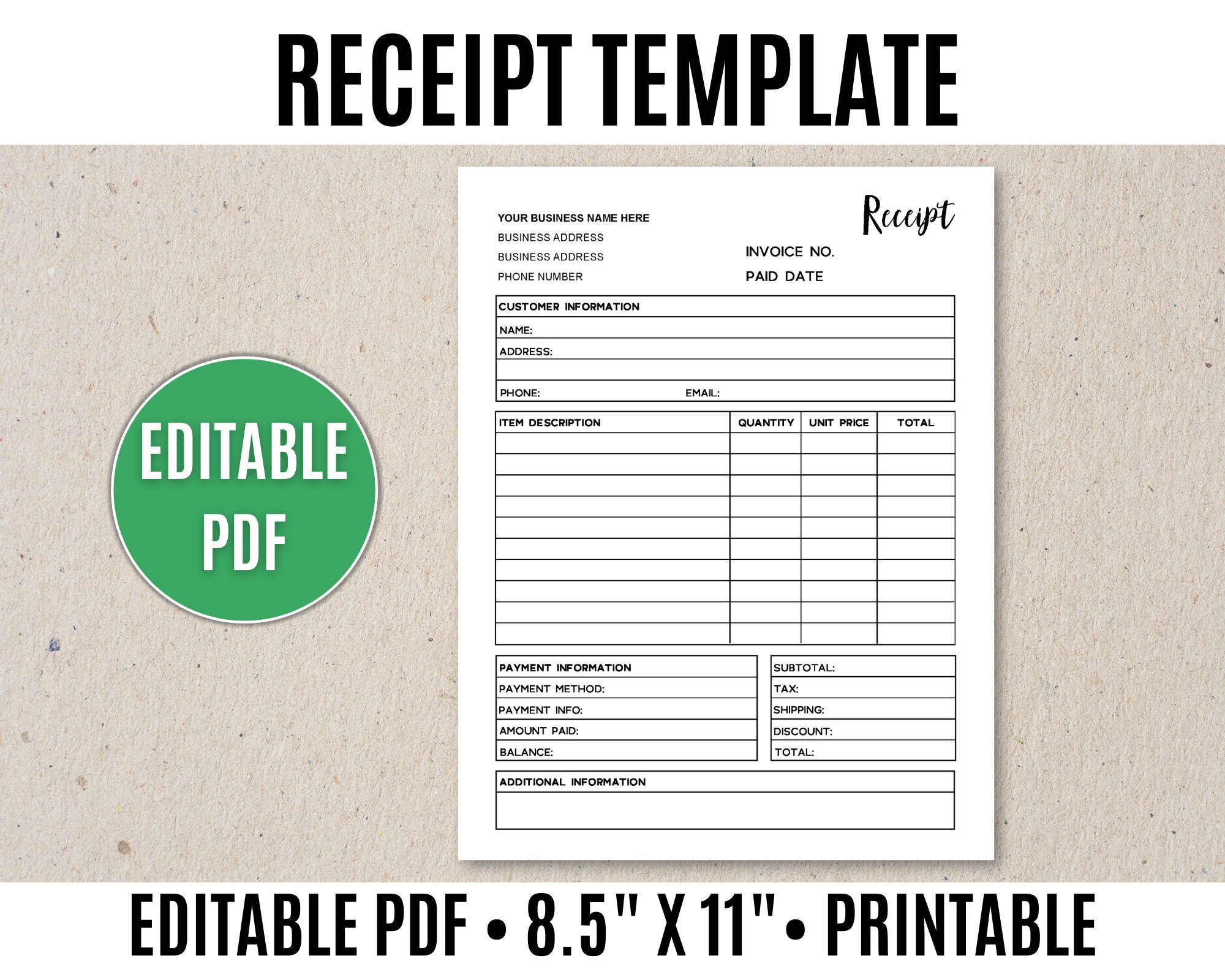 Receipt Template Editable Printable, Order Receipt Editable PDF - Etsy