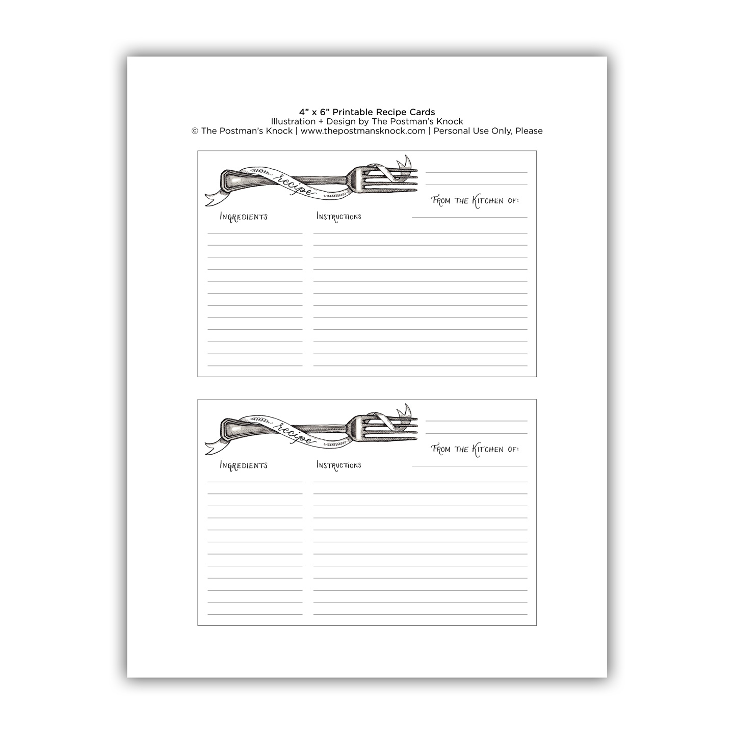 printable recipe cards black and white