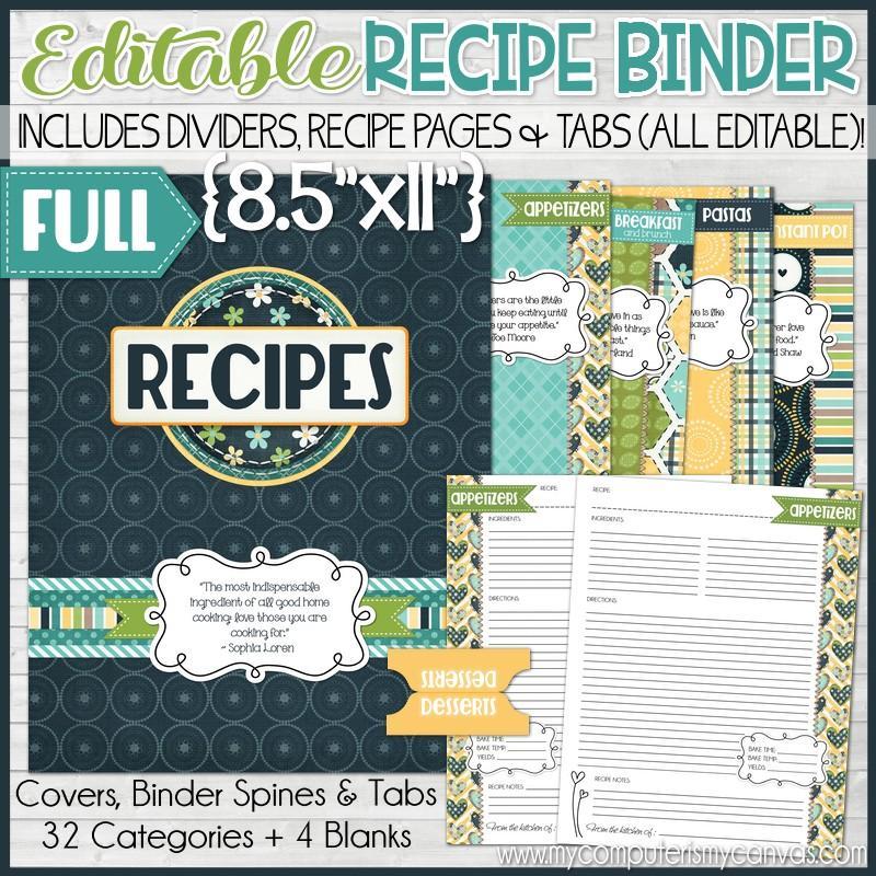 EDITABLE Recipe Binder Collection NAVY {Full Size 8.5x11 ...