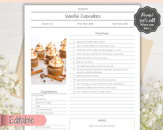 Recipe Page Template, EDITABLE Recipe Book Template, Recipe Cards ...
