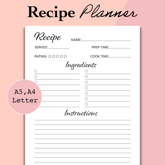 Recipe Printable Page, Recipe Template PDF, Recipe Planner Insert ...