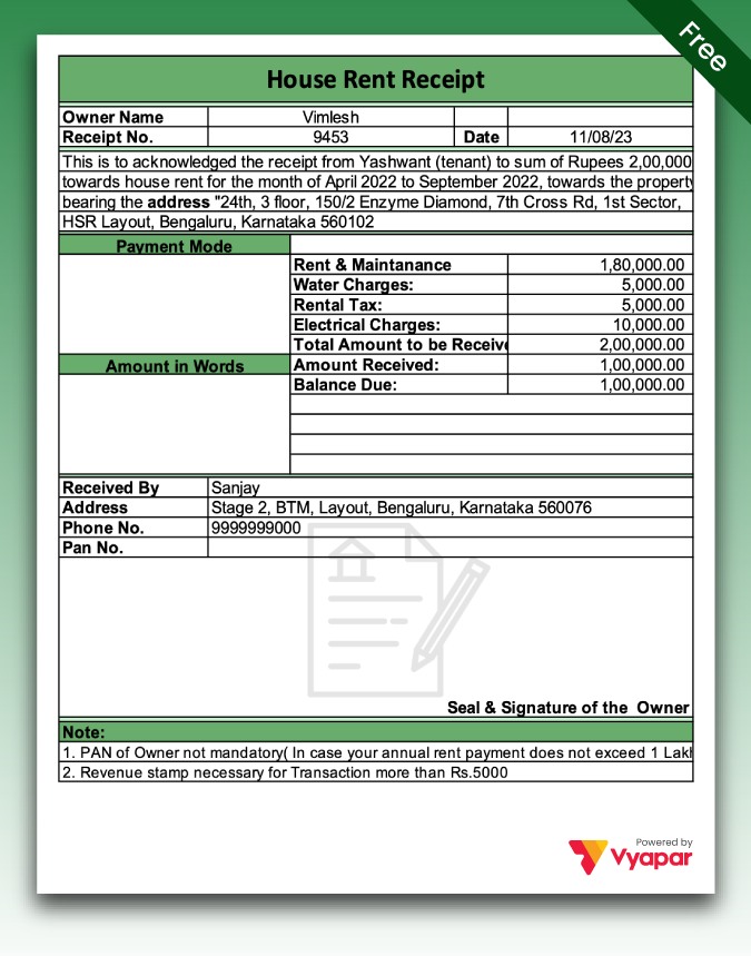 printable rent receipt for income tax purpose